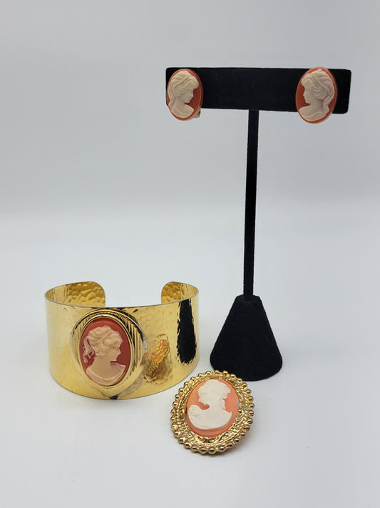 Vintage Cameo Set with Clip-On Earrings, Brooch, and Cuff Bracelet